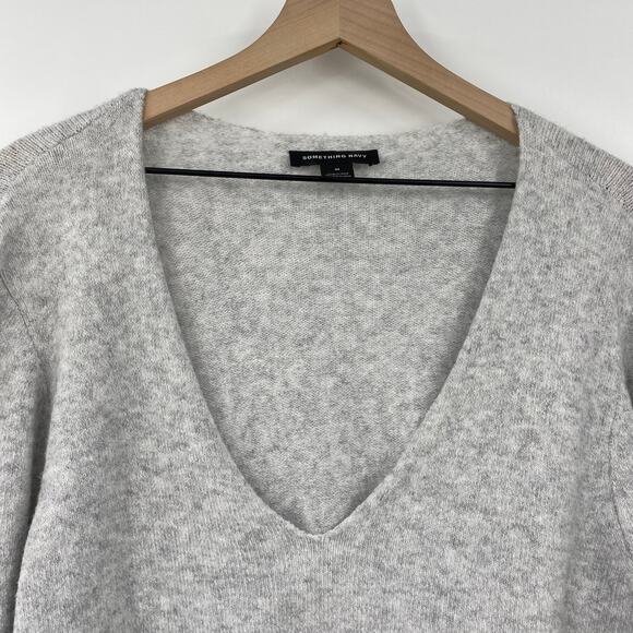 Something Navy V Neck Sweater Knit Cotton Wool Blend Light Gray Womens Medium - Picture 3 of 6